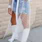 White Polka Dot Print Collared Buttoned Mesh Duster Kimono