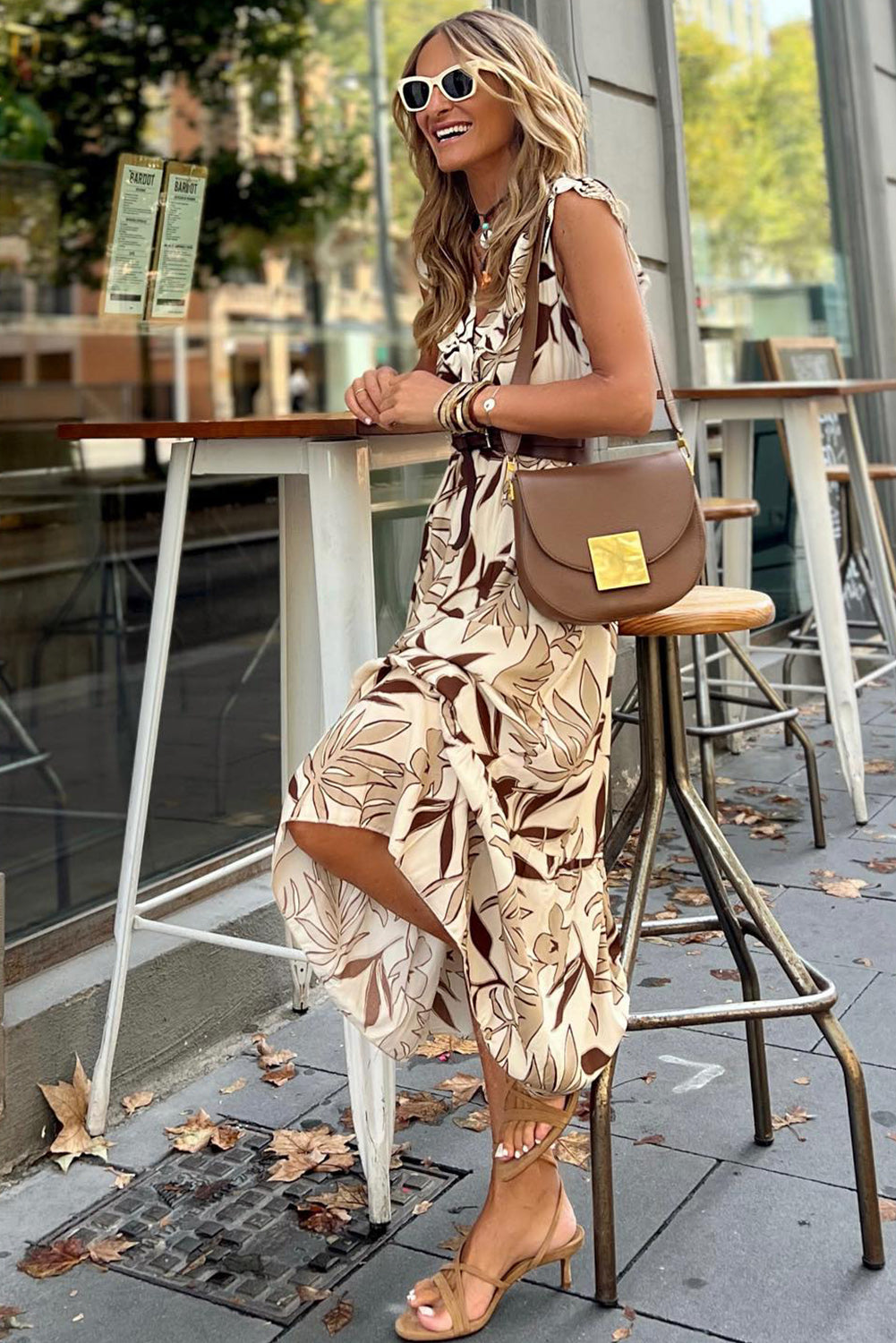 Brown Ruffled V Neck Leaves Print Long Dress