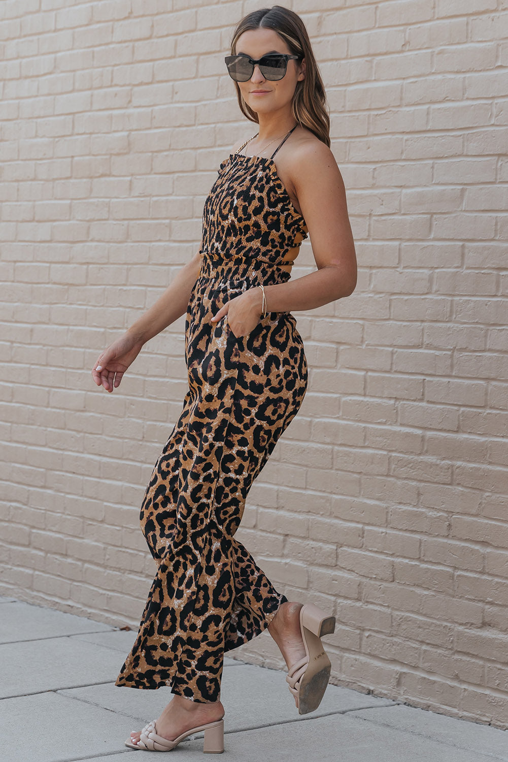 Leopard Print Halter Neck Backless Wide Leg Jumpsuit