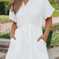 White Puff Sleeve Drawstring Shirt Dress with Pockets