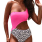 Rose Leopard Patchwork Asymmetric Cutout One Piece Swimsuit