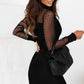 Black Dotted Mesh Striped Frilled Neck Bubble Sleeve Dress