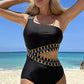 Black Zigzag Accent Cutout One Shoulder Teddy Swimwear