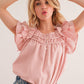 Peach Blossom Shirring Buttoned Neck Ruffle Sleeve Blouse