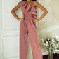 Dusty Pink One Shoulder Ruffle Trim Belted Jumpsuit