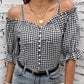 Black Sweetheart Gingham Button Down Cold Shoulder Blouse