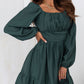 Green Ruched Square Neck Puff Sleeve Mini Dress