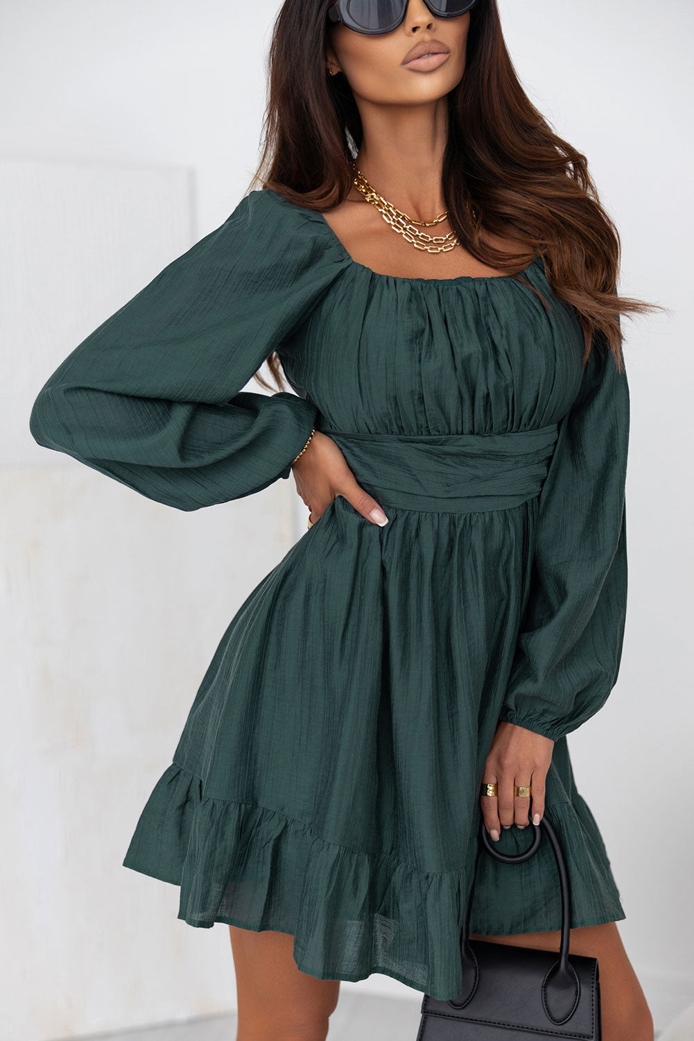 Green Ruched Square Neck Puff Sleeve Mini Dress