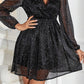 Black Glitter Mesh Overlay V Neck Long Sleeve Dress