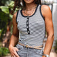 White Stripe Ribbed Knit Buttoned U Neck Tank Top