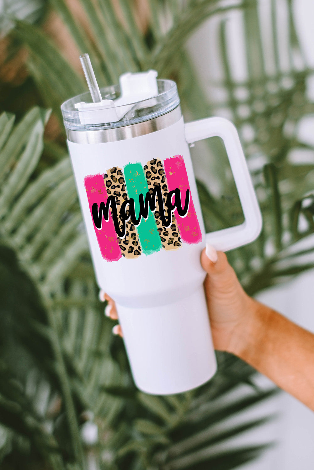 White mama Leopard Colorblock Handle Portable Cup 40oz