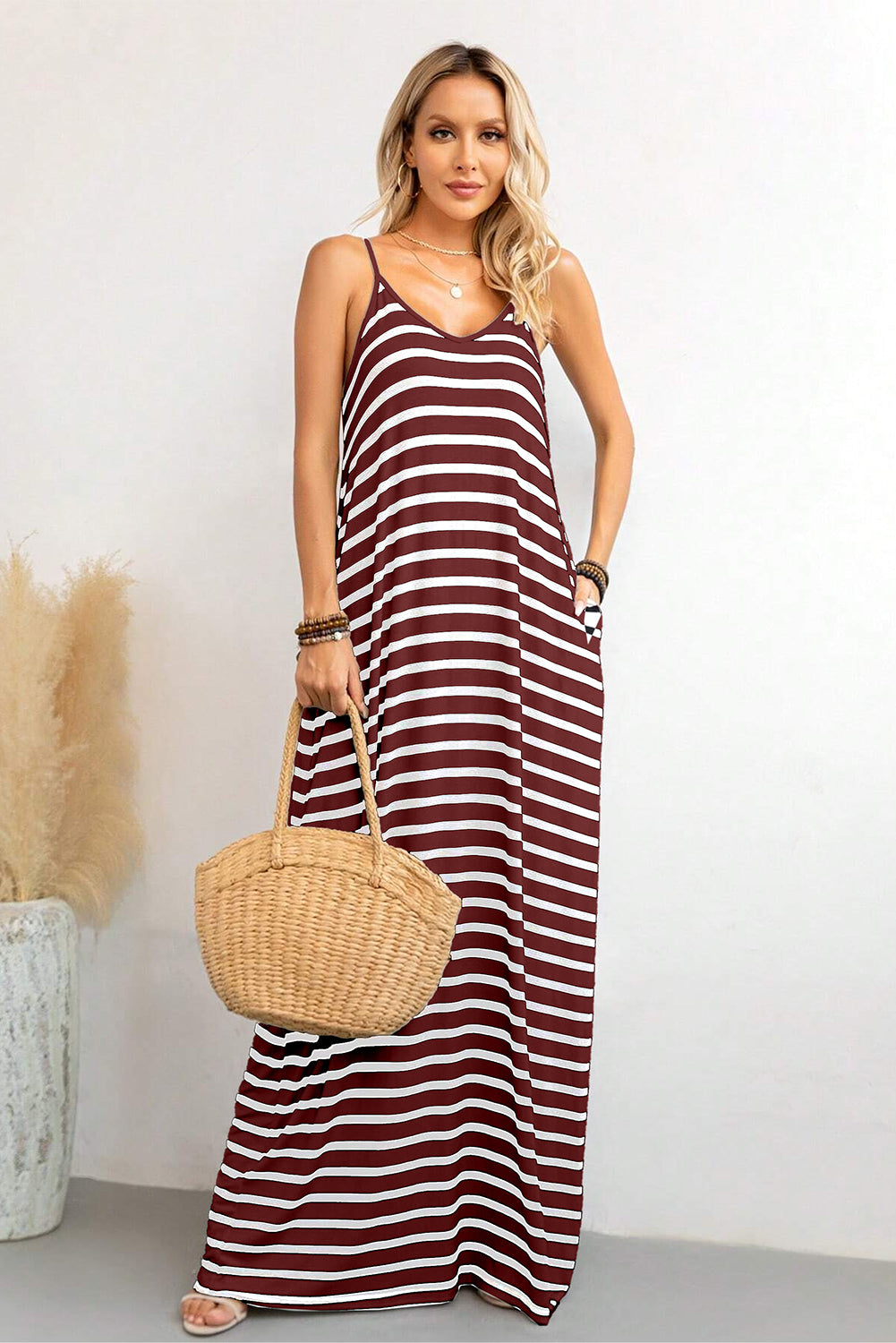 Red Stripe Side Pockets Spaghetti Straps Maxi Dress