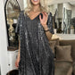 Dark Grey Sequin V Neck Dolman Sleeve Shift Dress