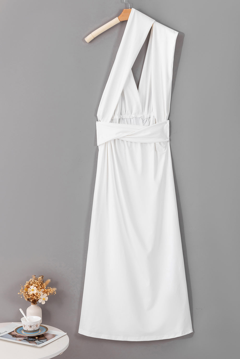 White Sleeveless Ruched High Split Cutout Back Maxi Dress