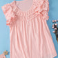 Peach Blossom Shirring Buttoned Neck Ruffle Sleeve Blouse