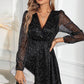 Black Glitter Mesh Overlay V Neck Long Sleeve Dress