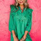 Bright Green Embroidered Ruffled Trim 3/4 Sleeve V Neck Mini Dress