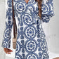 Blue Floral Print V Neck Wrapped Knot Long Sleeve Dress