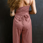 Rose Tan Satin Spaghetti Strap Surplice Split Wide Leg Jumpsuit