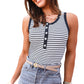 White Stripe Ribbed Knit Buttoned U Neck Tank Top