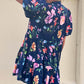 Black Floral Short Bubble Sleeve Button Mandarin Collar Dress