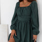 Green Ruched Square Neck Puff Sleeve Mini Dress