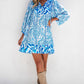 Sky Blue Bohemian Print Puff Sleeve Tied V Neck Flared Mini Dress