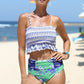 Blue Printed Smocked High waisted swimsuits