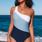 Sky Blue Color Block One Shoulder Backless One-piece Swimwear