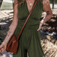 Moss Green Sleeveless V Neck Ruched Wide Leg Jumpsuit