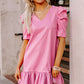 Sachet Pink Pleather Bubble Short Sleeve V Neck Ruffled Hem Mini Dress