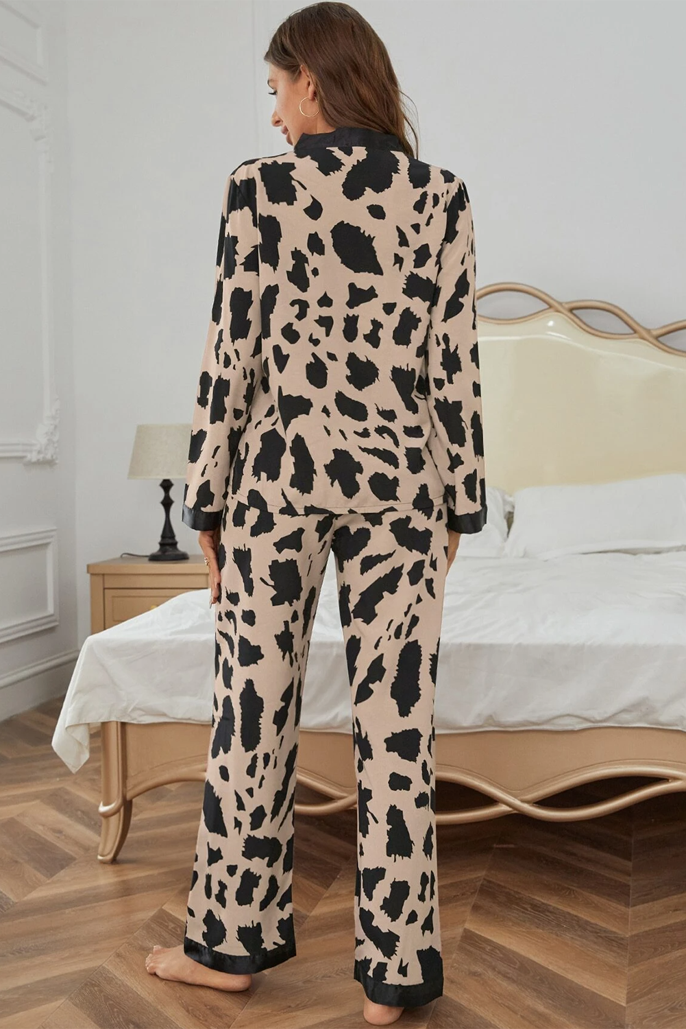 Khaki Cheetah Contrast Trim Loose Fit Two Piece Sleepwear