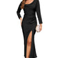 Black Drape Neck Tie Waist Long Sleeve Slit Dress