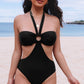 Black Halter O-ring Ruched Bust One Piece Swimsuit