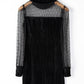 Black Dotted Mesh Striped Frilled Neck Bubble Sleeve Dress