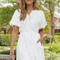 White Puff Sleeve Drawstring Shirt Dress with Pockets