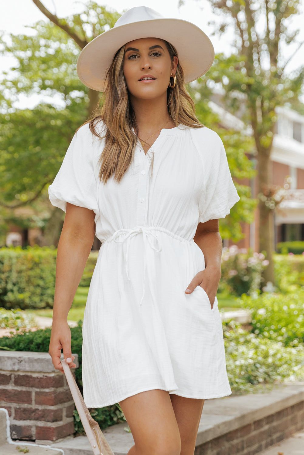 White Puff Sleeve Drawstring Shirt Dress with Pockets