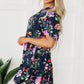 Black Floral Short Bubble Sleeve Button Mandarin Collar Dress