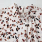 White Leopard Print Lantern Sleeve Mock Neck Pleated Blouse