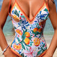 Orange Fruit Plant Print Tied Straps V Neck One Piece Swimsuit