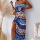 Blue Ethnic Print Ruffle Strapless Tie Waist Maxi Dress