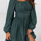 Green Ruched Square Neck Puff Sleeve Mini Dress