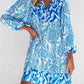 Sky Blue Bohemian Print Puff Sleeve Tied V Neck Flared Mini Dress