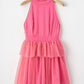 Strawberry Pink Gauze Ruffle Tiered Knotted Halter Dress