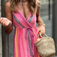 Pink Western Printed Tassel Tie V Neck Wrap Maxi Dress