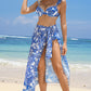 White 3pcs Flower Print Ruffled Bikini with Cover up