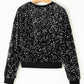 Black Sequined Long Sleeve Crew Neck Cropped Blouse