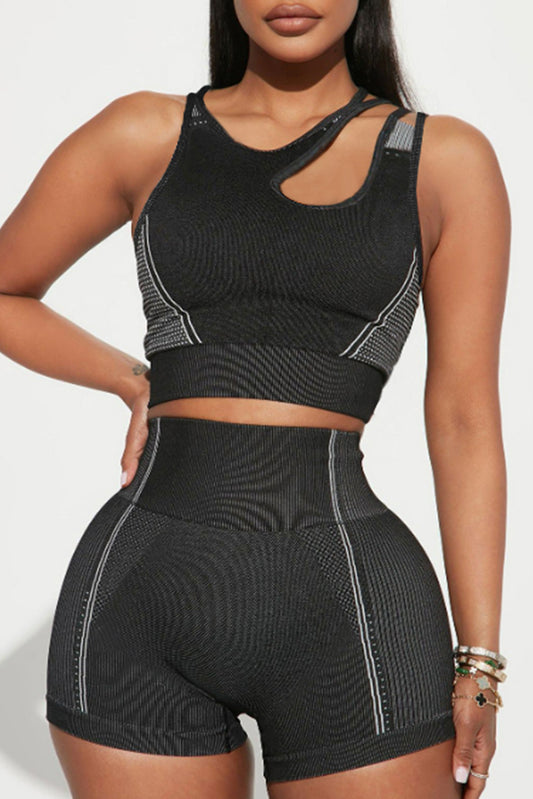 Black Strappy Mix Pattern Cutout Bra and Shorts Set