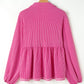 Bright Pink Corded Turn-down V Neck Bubble Sleeve Babydoll Blouse