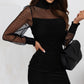 Black Dotted Mesh Striped Frilled Neck Bubble Sleeve Dress